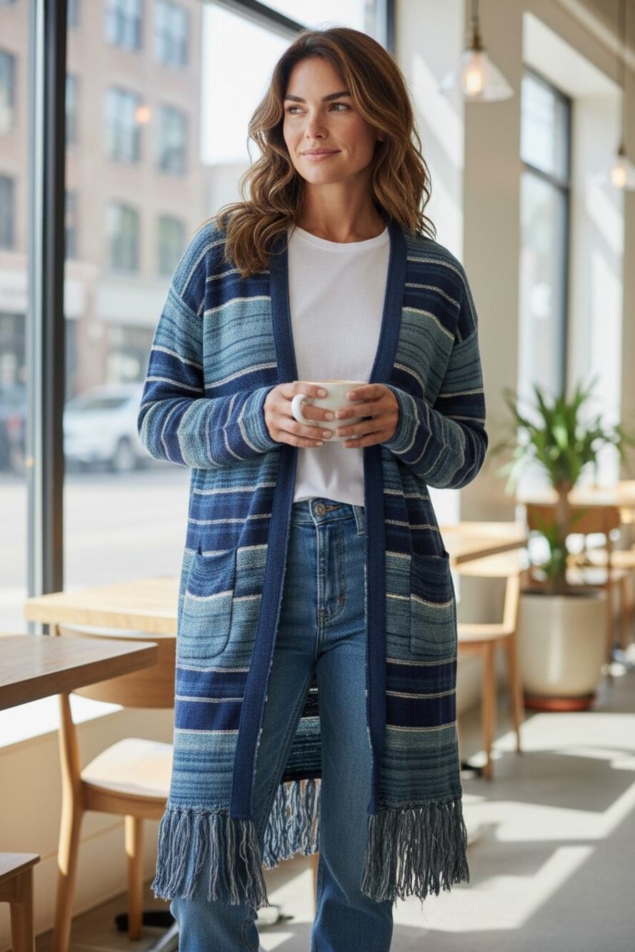 Lauren Ralph Lauren Blue Striped Fringe Long Cardigan